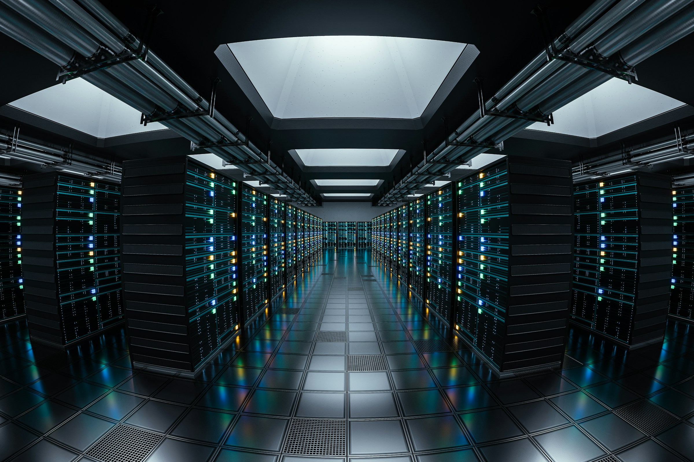 A modern data-centre hall, rows of illuminated server racks receding to a lit far wall.